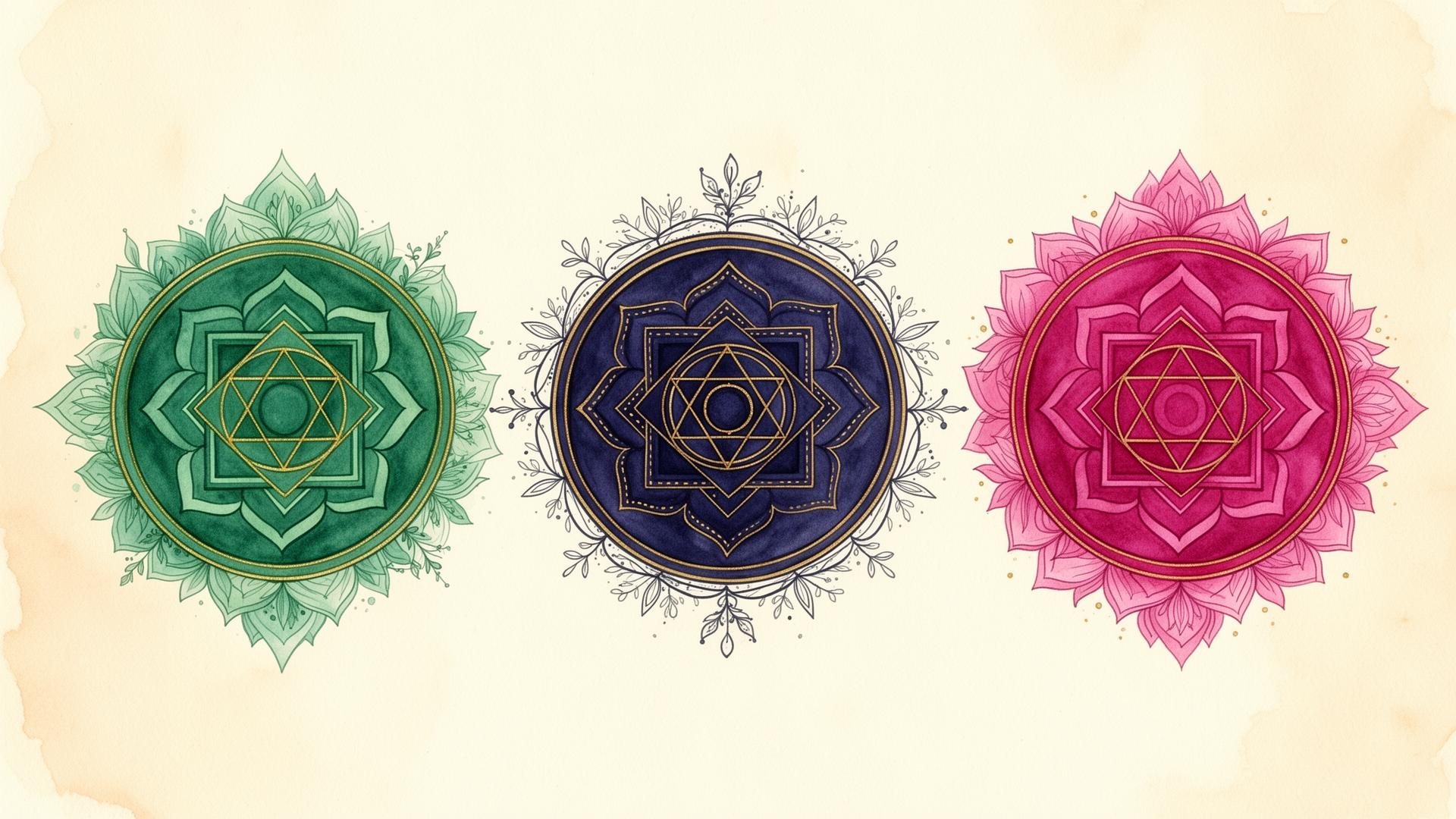 Trois chakras : vert, indigo, magenta — pôles d'équilibre intérieur