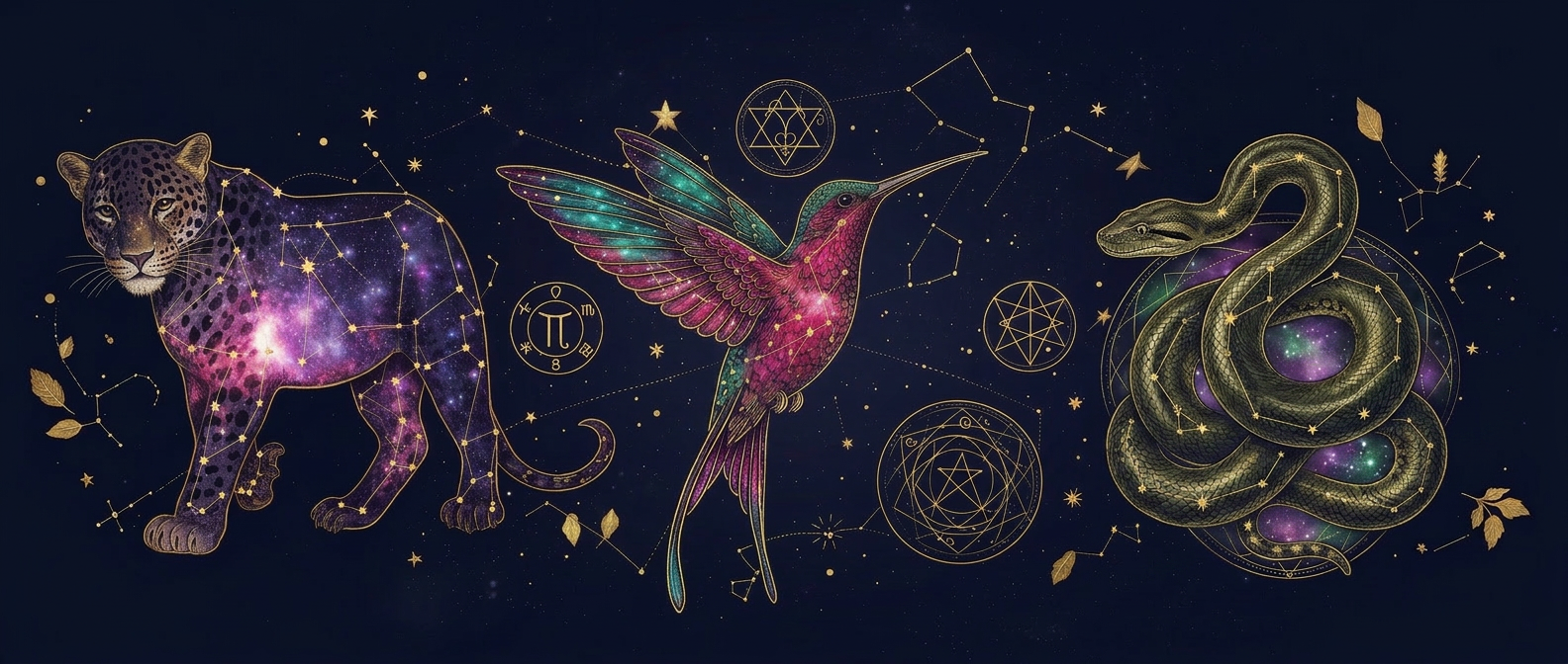 Triptyque céleste : jaguar, colibri et serpent en constellations d'or sur fond cosmique